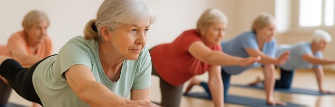 Mehrere ältere Damen bei der Ausführung einer Gymnastikübung in einer Sporthalle