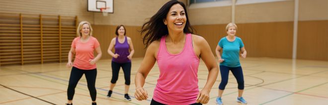 tanzende, sportlich gekleidete Frauen in einer Sporthalle