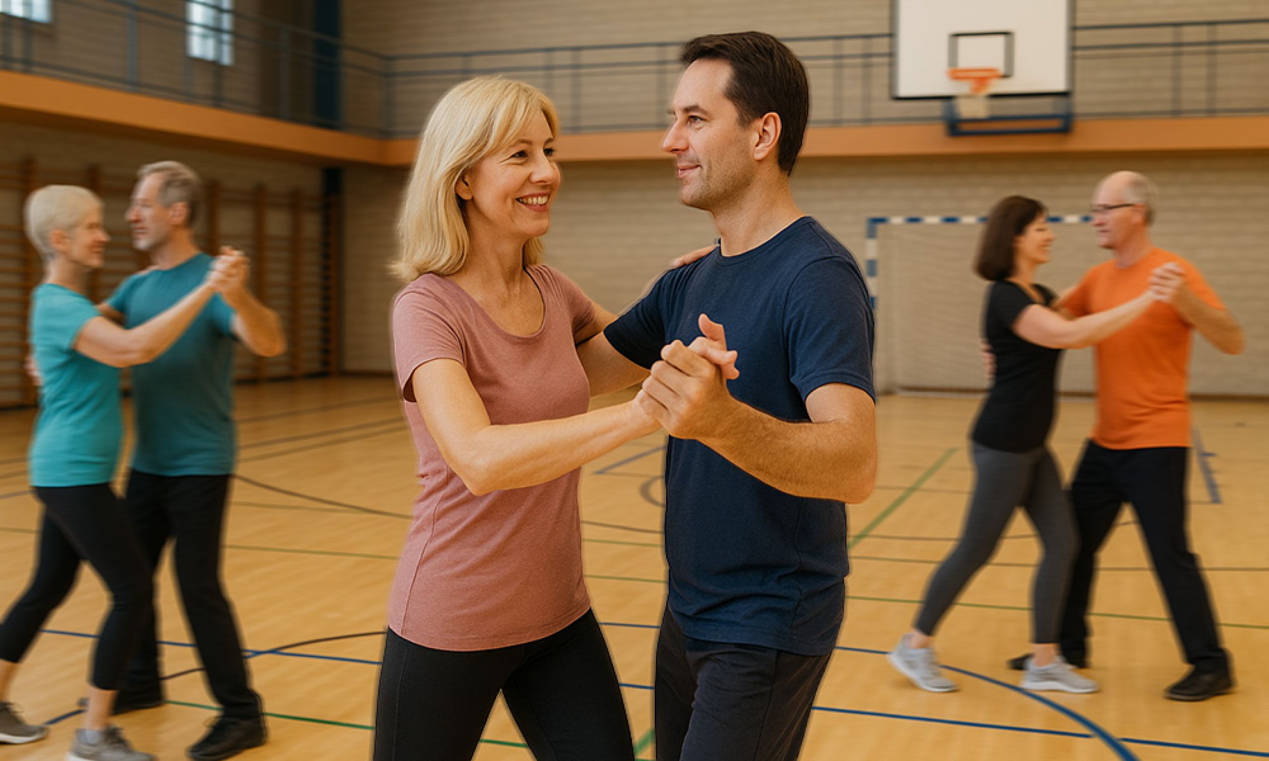 3 tanzende Paare während eines Gesellschaftstanzkurses in einer Turnhalle