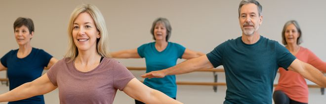 gemischte Gruppe aus Männern und Frauen ab 40 Jahren während eines Fitnesskurses