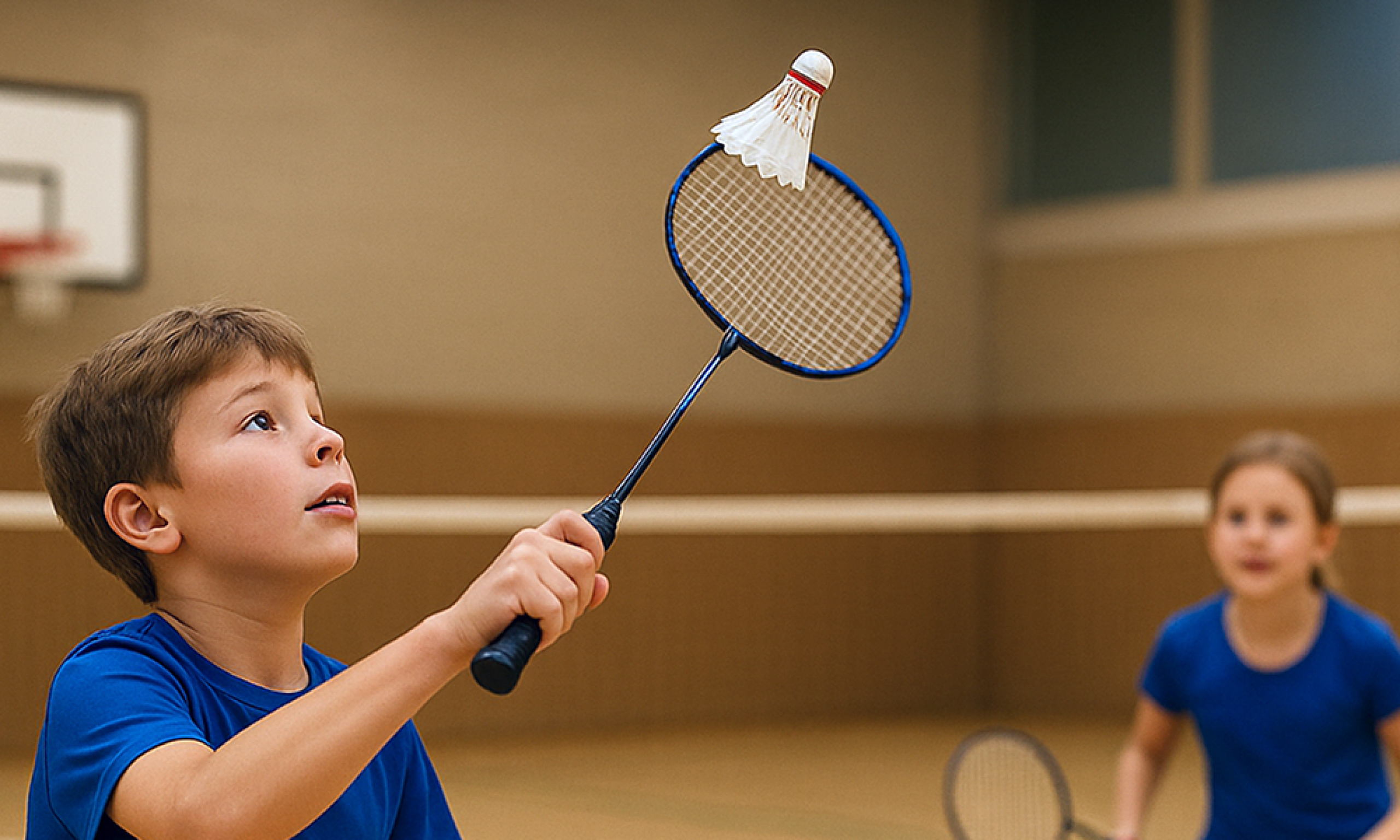 2 Kinder während eines Badmintonspiels in einer Turnhalle